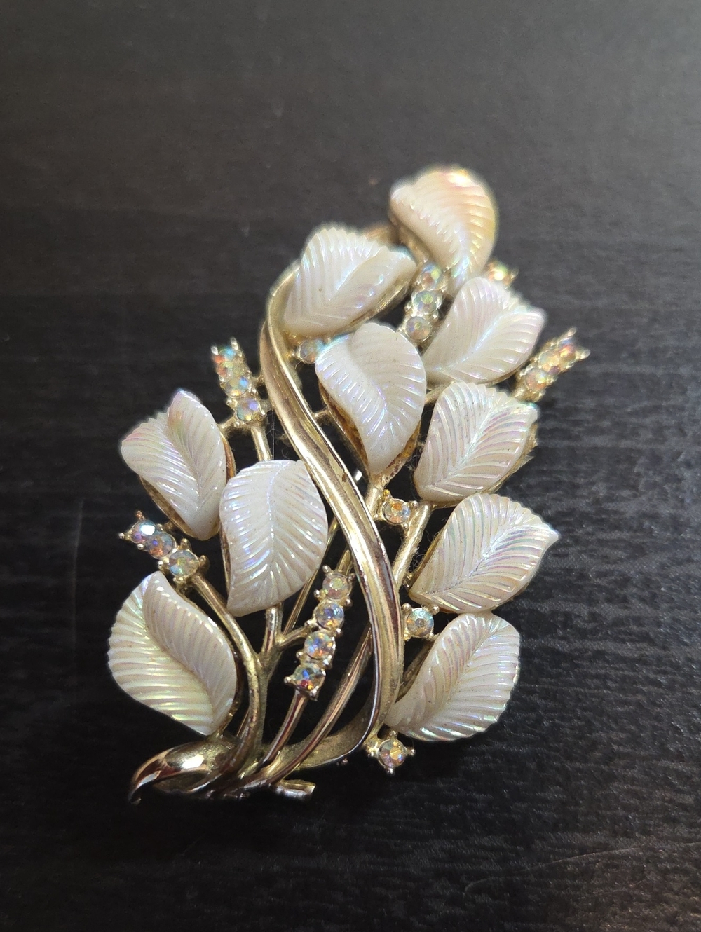 Gold-Tone White Leaf Spray Brooch with Aurora Borealis Accents By CORO
